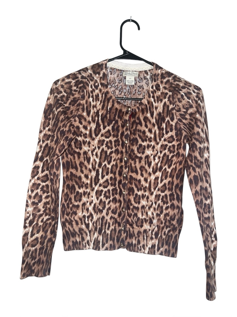 Lucky Brand Brown and Tan Leopard-Print  Crew Neck Button Up Cardigan Sz XS